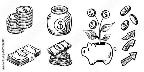 Фотография hand drawn finance icons set with coins money and piggy bank