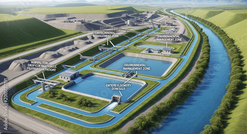 Fotografie Aerial view of a large industrial water treatment plant complex.
