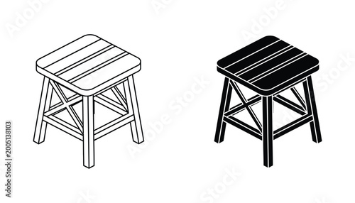 Bilde på lerret Isometric wooden stool with slatted seat and sturdy legs simple furniture icon d