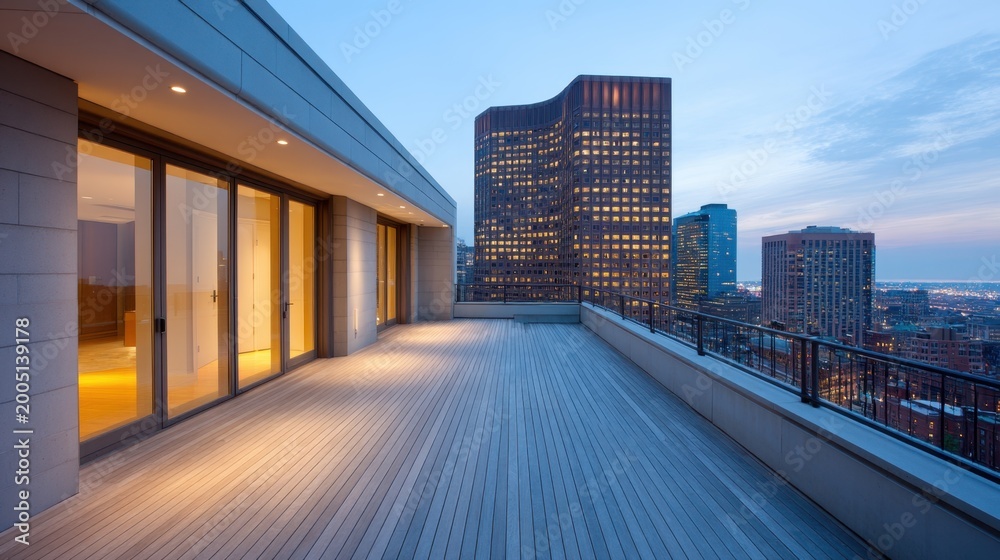 Naklejka premium Modern rooftop balcony view of downtown skyline at dusk with city lights illuminating urban landscape and clear sky showcasing contemporary architecture features