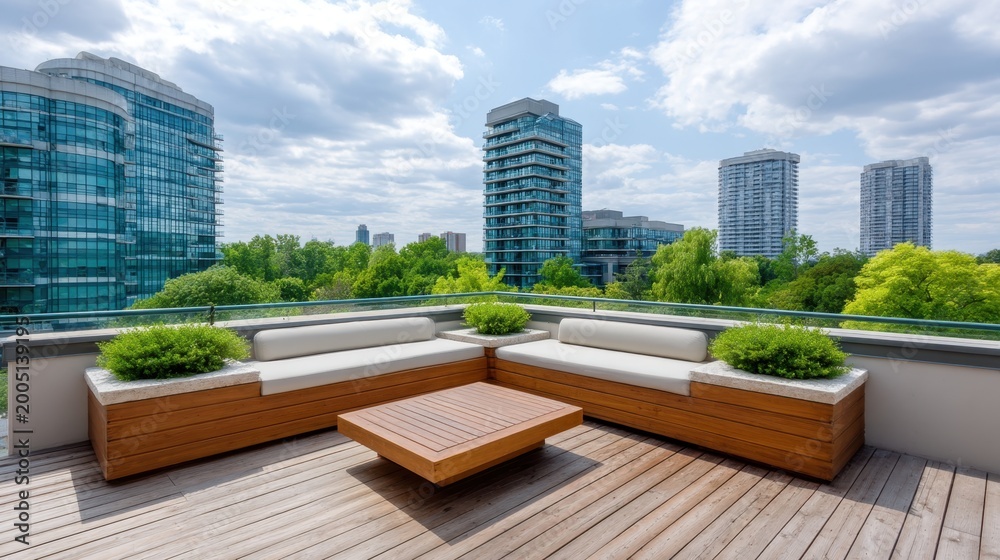 Fototapeta premium Modern Urban Rooftop Terrace with Comfortable Seating, Lush Greenery, and Cityscape View on a Bright Day
