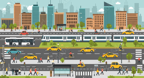 Photos A vibrant cityscape illustration depicting a bustling urban environment with diverse transportation modes and pedestrian activity