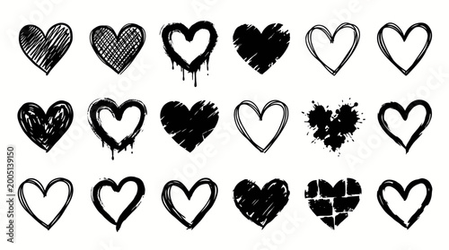 A collection of various hand-drawn black heart shapes with different textures and styles on a white background.