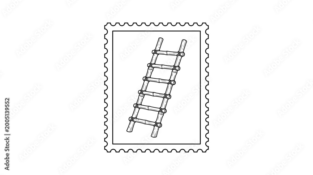 Fototapeta premium Line art illustration of a simple ladder inside a postage stamp outline, black and white vector graphic.