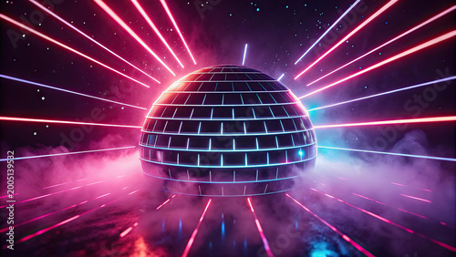 Disco ball with flashing neon light music party concept. A vibrant disco ball surrounded by colorful laser beams.