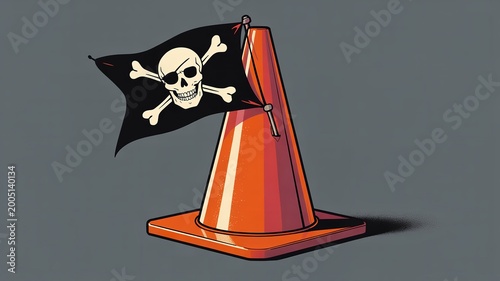 Jolly Roger flag on traffic cone, warning sign
