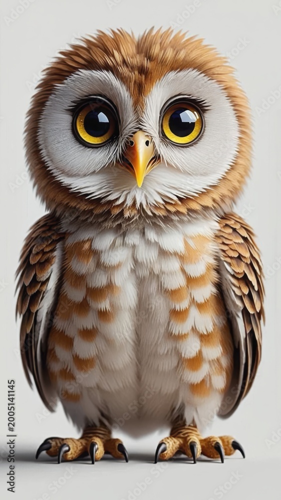 Fototapeta premium A focused baby owl crouches low on white, preparing for its first flight, showcasing its adorable features and determined expression.