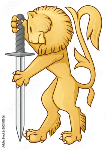 Golden Heraldic lion with silver sword. Hand drawn vintage vector illustration
