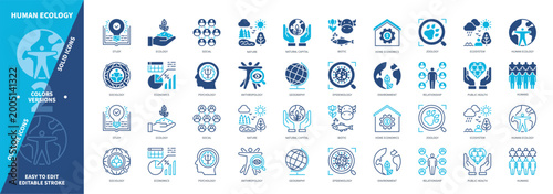 Human Ecology icon set. Zoology, Psychology, Environment, Ecosystem, Natural Capital, Nature, Biotic, Social. Duotone color solid and editable outline icons