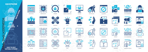 Hacktivism icon set. Anonymity, Hacking, Website Defacement, Protest, Data Stealing, Mirroring, Doxing, Malware. Duotone color solid and editable outline icons
