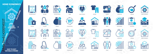Home Economics icon set. Budgeting, Housework, Interior Design, Consumption, Nutrition, Applied Science, Finance, Family. Duotone color solid and editable outline icons