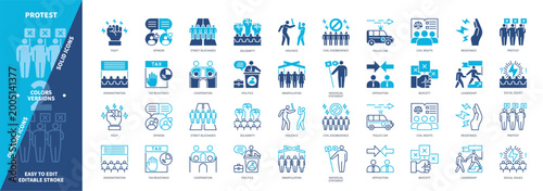 Protest icon set. Demonstration, Civil Disobedience, Violence, Civil Rights, Resistance, Fight, Opposition, Solidarity. Duotone color solid and editable outline icons
