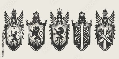 Фотография medieval heraldry shields silhouettes vintage style collection