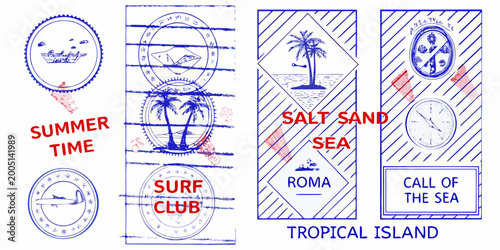 Fotografi Vintage travel postmarks and stamps with summer and beach themes