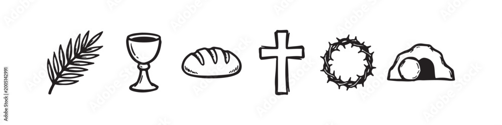 Fototapeta premium Vector icons of religious Christian symbols in a clean line style, featuring a wheat stalk, communion chalice, bread loaf, cross, crown of thorns, and the empty tomb of Jesus.
