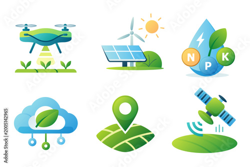 Smart Farming and Agriculture Technology Gradient Icon Set, Eco Farm, Drone, Satellite Monitoring, Sustainable Agriculture Vector Collection