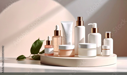 Productos de cuidado facial y corporal femenina sin marca  sobre fondo neutro, frascos y tarros en concepto de limpieza, belleza y cuidado personal,