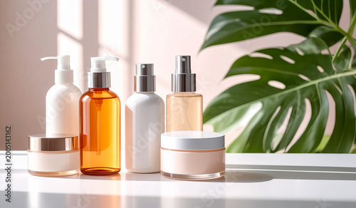 Productos de cuidado facial y corporal femenina sin marca  sobre fondo neutro, frascos y tarros en concepto de limpieza, belleza y cuidado personal,