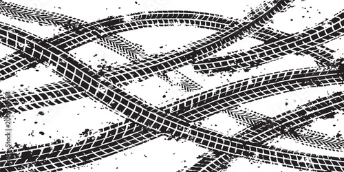 Grunge tire track overlay: crisscrossing wheel tread marks with scattered dirt speckles, bold black and white automotive texture on light background
