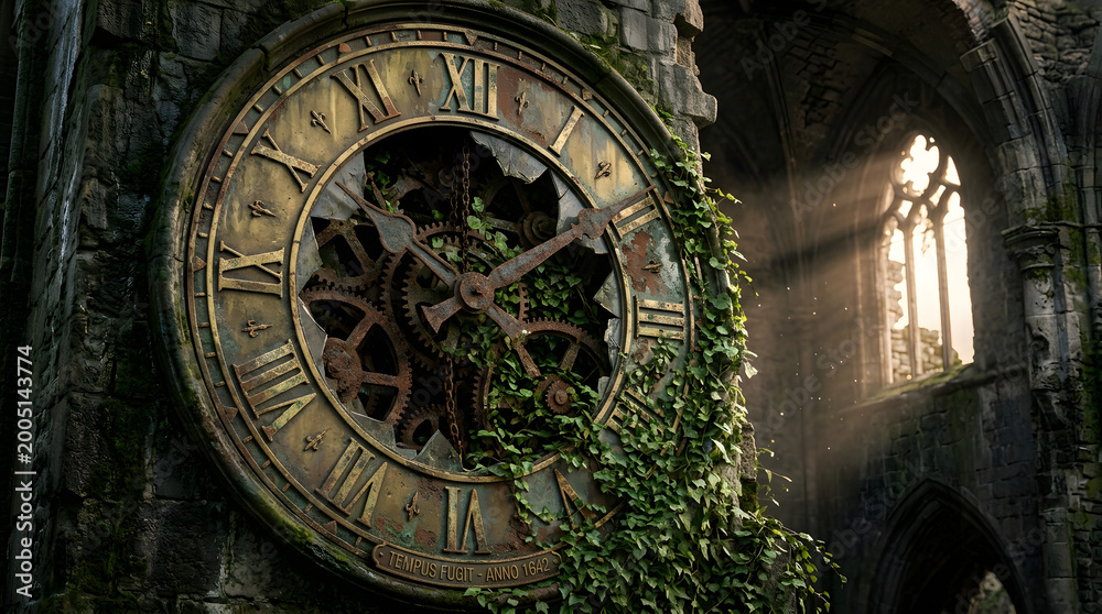 Fototapeta premium Ancient Broken Clock on Gothic Ruins Wall with Overgrown Ivy and Sunbeams