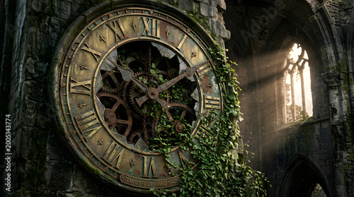 Ancient Broken Clock on Gothic Ruins Wall with Overgrown Ivy and Sunbeams