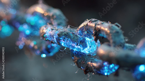 Broken chain unleashing sparks and fierce energy concept. Close-up of a glowing chain with vibrant blue lights.