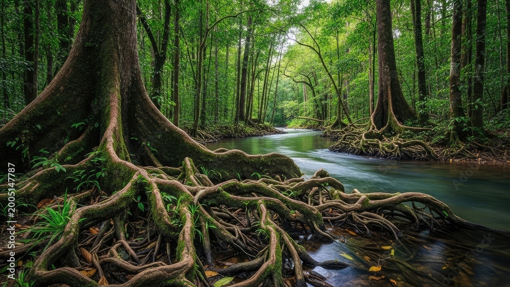 Fototapeta premium Lush Rainforest Stream with Massive Buttress Roots and Emerald Green Foliage
