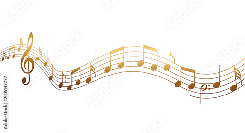 Golden Musical Notes Flowing on a Wavy Staff Isolated on White