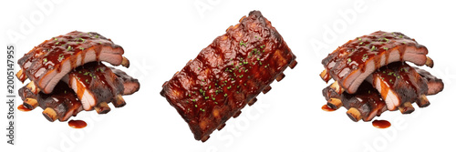 Grilled BBQ Pork Ribs Smoked Meat with Sauce Isolated PNG Transparent Background for Steakhouse Menu and Food Photograph