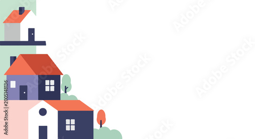 This is a minimalist vector illustration of three colorful houses stacked vertically against a white background with ample copy space.