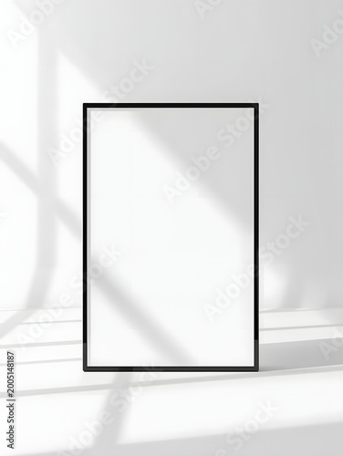 Blank vertical black photo frame mockup on white floor with sunlight window shadow overlay