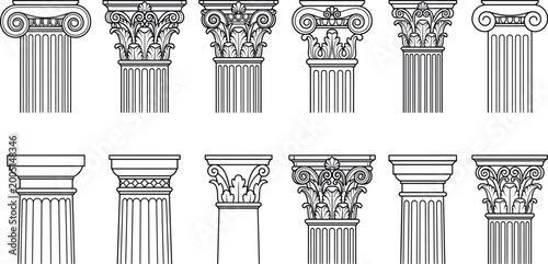 Obraz na płótnie Classical column capitals vector set featuring ionic corinthian and doric archit