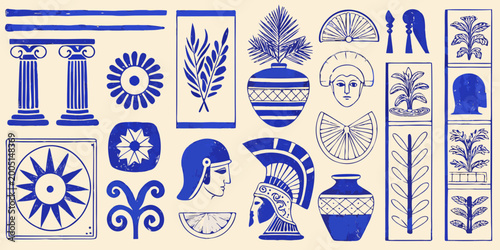 Bild auf Leinwand ancient greek motifs and ornaments blue vector illustration