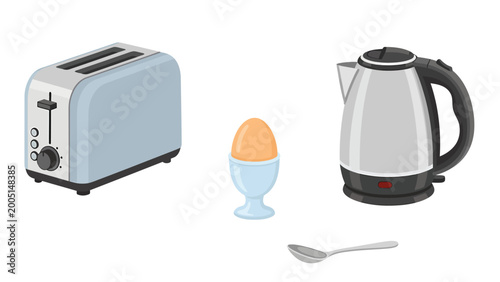 A light blue toaster, an egg in an egg cup, a silver and black electric kettle, and a small spoon on a white background.