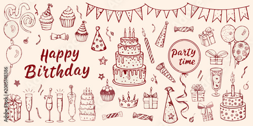 birthday celebration elements hand drawn vector illustration with pastel background
