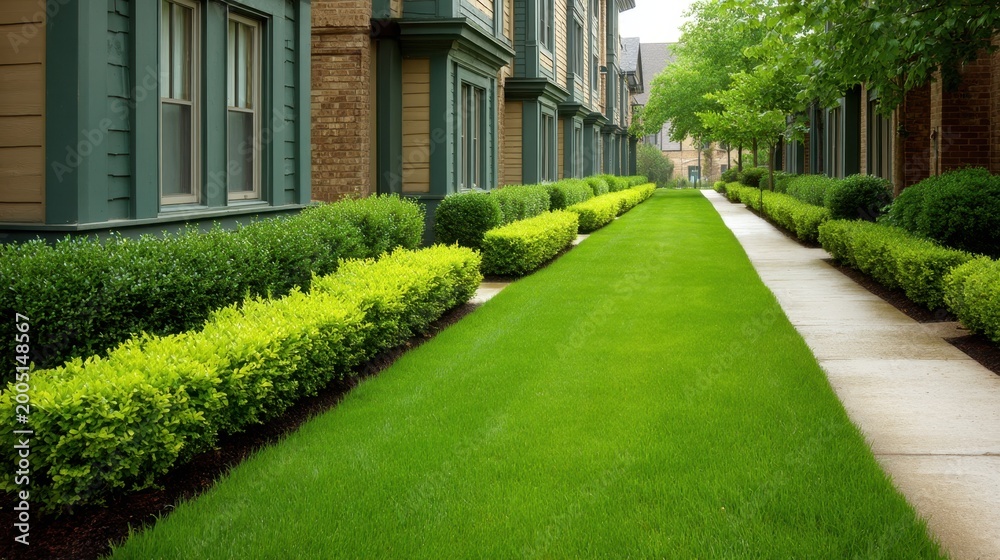 Obraz premium Lush Green Lawn and Neat Pathway Surrounded by Shrubs in a Residential Neighborhood with Modern Buildings and Sunshine Filling the Atmosphere