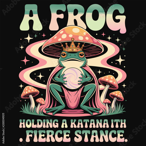 Frog with crown and katana under mushroom in psychedelic scene