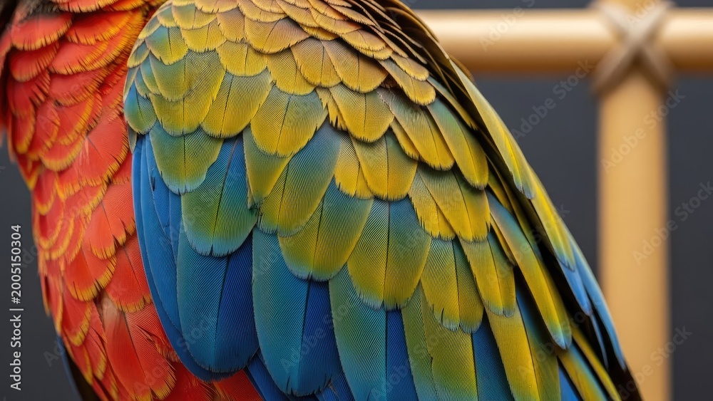 Obraz premium Vibrant close-up of a macaw's multicolored feathers against a blurred background