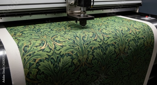 Automated large format printing process creating intricate green leaf pattern textile