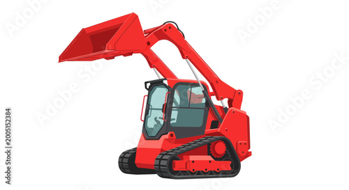 Red Skid Steer Loader with Bucket Raised, Isolated on White Background