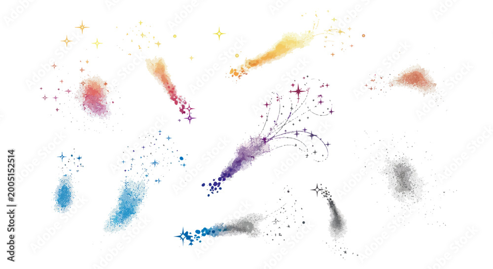 Fototapeta premium Colorful abstract shooting stars and glitter bursts on white background
