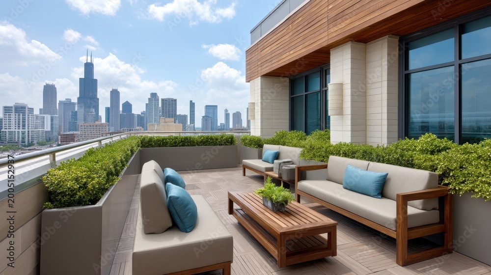 Fototapeta premium Modern rooftop lounge featuring comfortable seating, greenery, and stunning city skyline view in urban setting during clear blue sky day