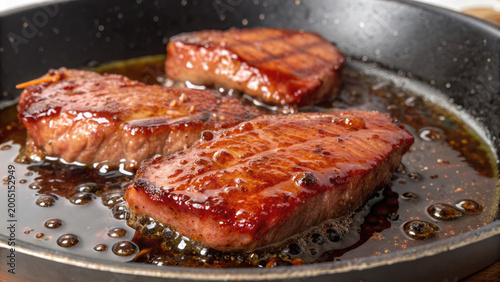 Meat grilling over open fire at barbecue concept. Succulent grilled steak sizzling in a frying pan.