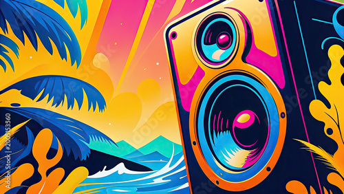 Colorful music party with tropical speaker setup concept. Vibrant art of a speaker by the beach with colorful sunset vibes.