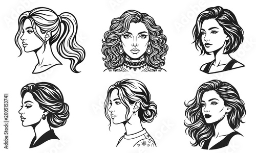 Elegant female face silhouette collection, woman vector, beauty salon logo, lady face outline, stylish girl head design