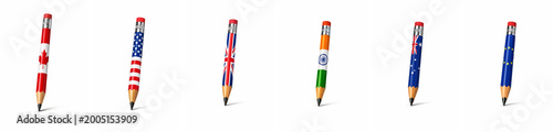Pencil flag of canada, usa, uk, india, australia and europe, 