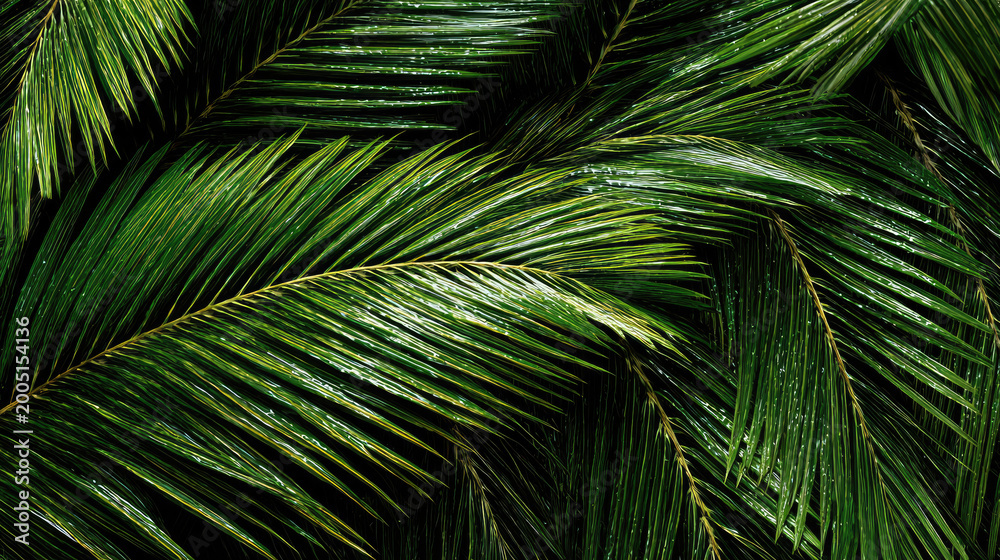 Fototapeta premium Palm trees swaying in hurricane winds concept. Vibrant green palm leaves layered in a natural, tropical setting.