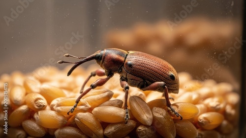 Close-up of a weevil on wheat kernels, set within a clear container, macro shot