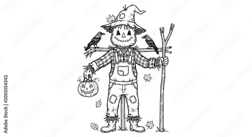 Obraz premium Scarecrow with Pumpkin and Crows, Autumn Harvest, Hand-drawn Illustration