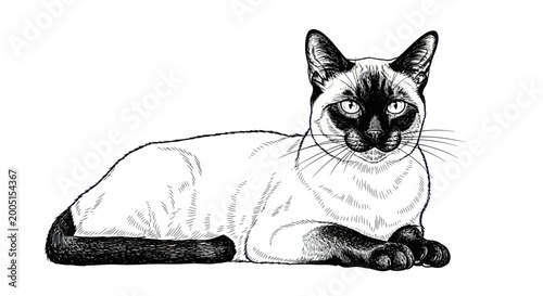 Siamese Cat Illustration - Elegant Feline Portrait, Sketch Style, White Background